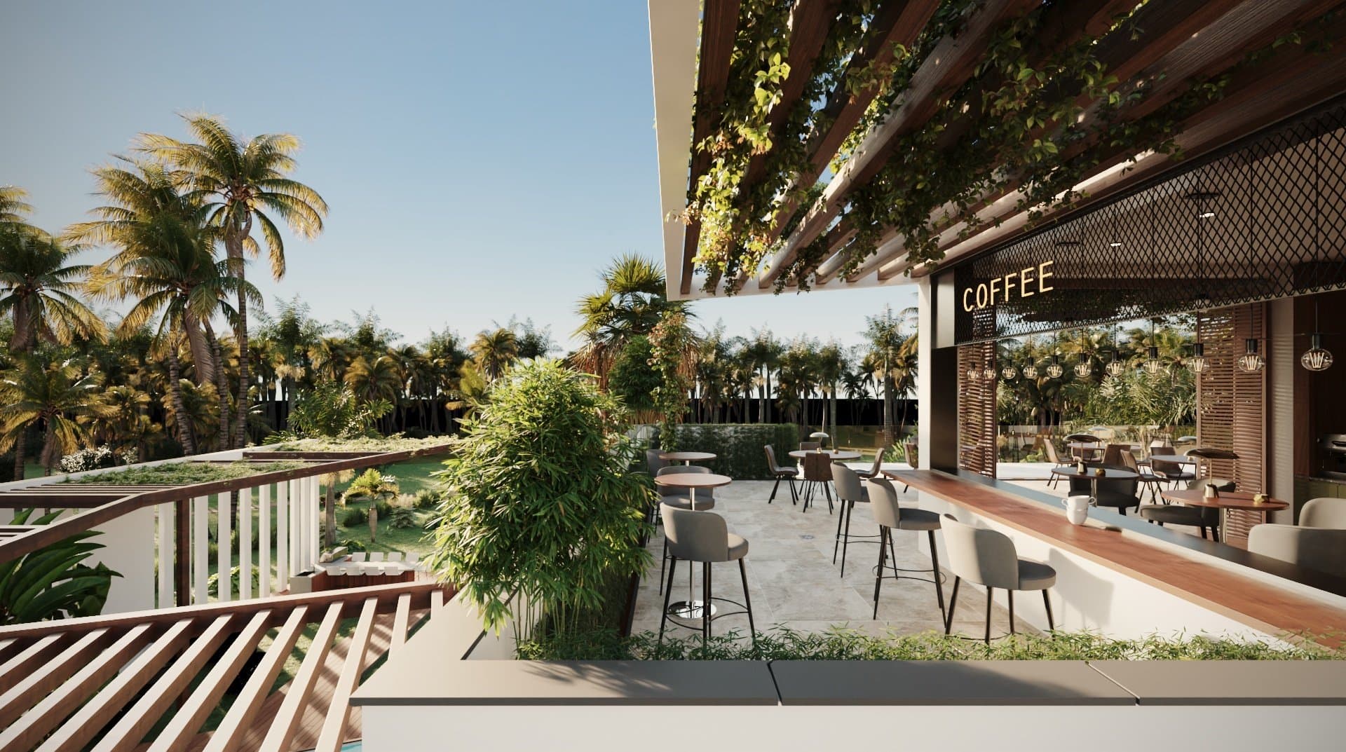 Rendering of a café and social terrace