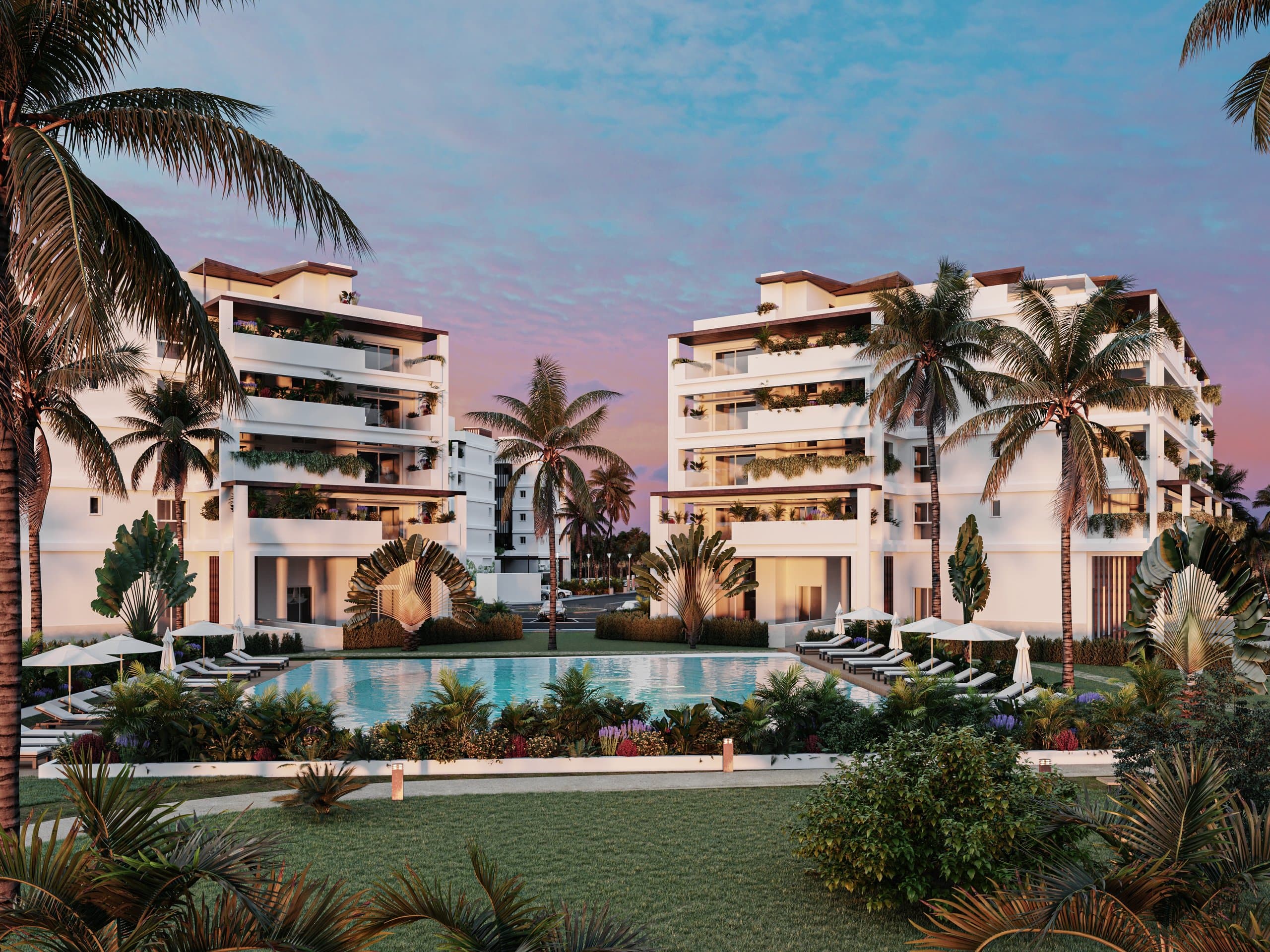 Baycana at Cana Bay at twilight — artist's rendering of the development's residential buildings and pool. The specific 49-unit building is not individually identified in this view.