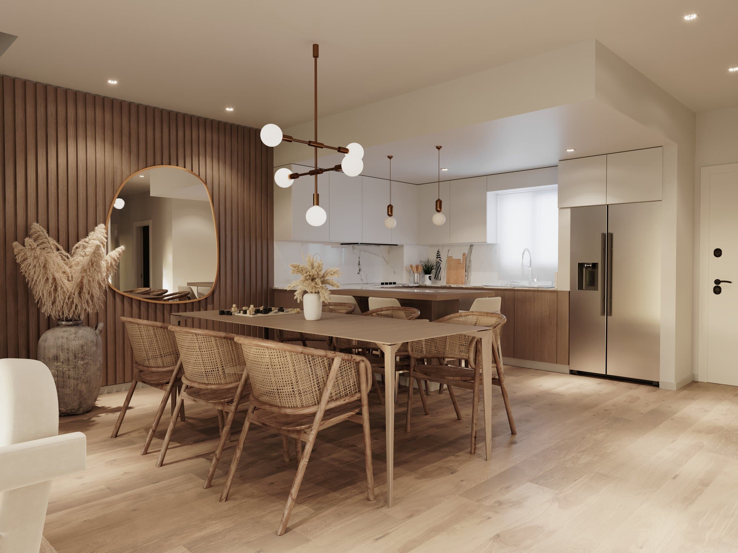 Rendering of a residence kitchen and dining area